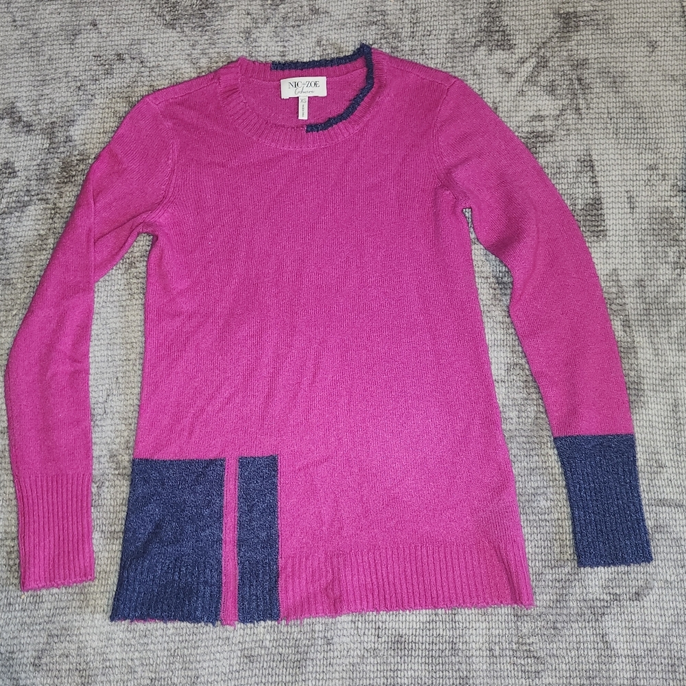 Nic & Zoe 100% Cashmere Sweater, Fuschia & Navy, XS, Jagged Hem, Long Sleeve